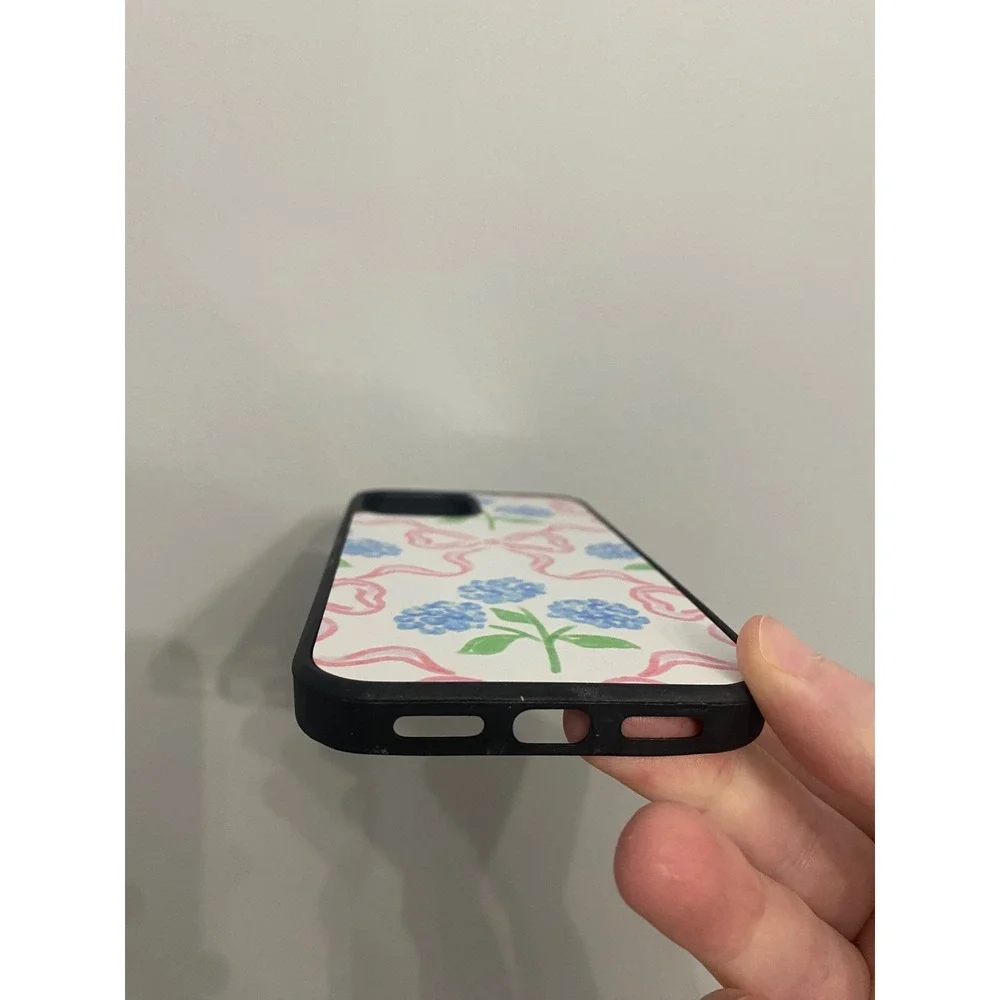 iPhone 12 12 Pro Case Blue Hydrangea Pink Bow Floral Watercolor Black Bumper
